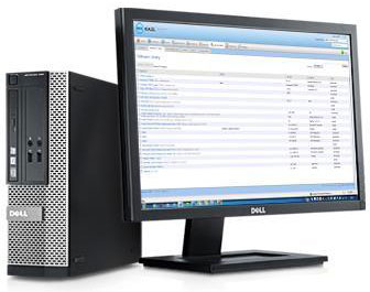  An OptiPlex 390 Small Form Factor, facing slightly to the left. Next to it on the right is an LCD display, facing slightly to the right  